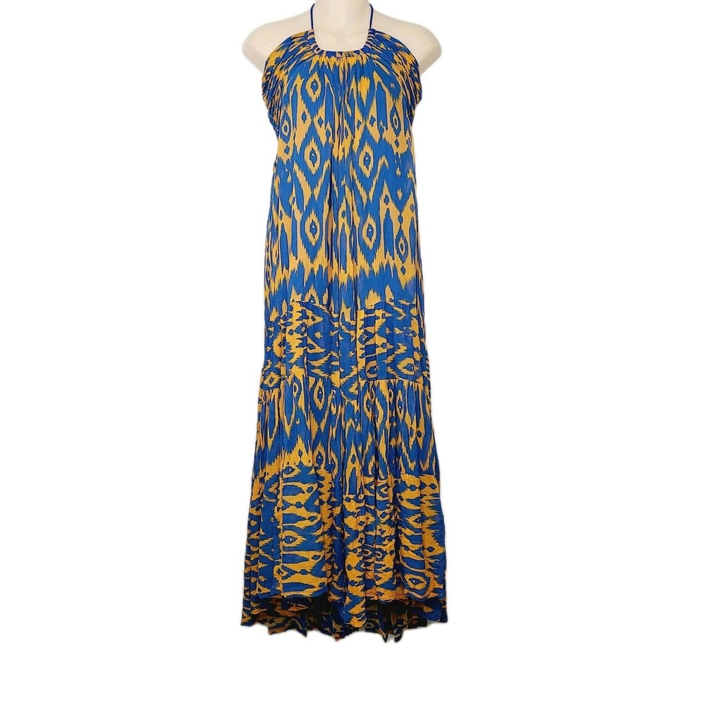 Anthropologie Verb Pallavi Singhee Ikat Halter‎ Maxi Dress Blue Orange Boho S